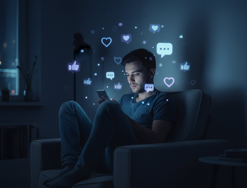 Ein Mann sitzt allein im Dunkeln und wird von seinem Smartphone beleuchtet, umgeben von schwebenden Social-Media-Symbolen.